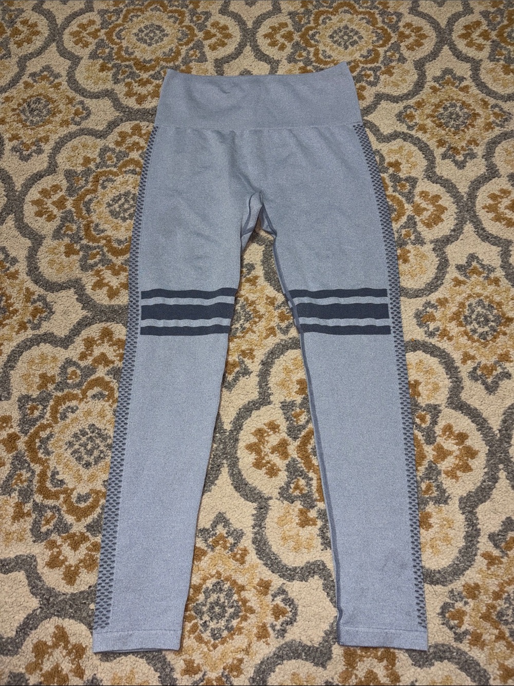 Blue leggings with sheer side stripes